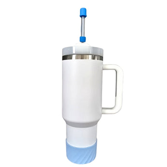 White Insulated S/Steel Tumbler with Protective Boot and Straw Cover - with Blue Accessories image 0