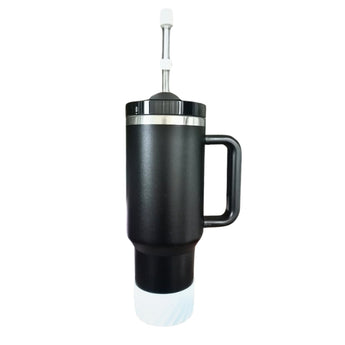 Black Insulated Stainless Steel Tumbler w/ Protective Boot and Straw Cover - with White Accessories image 0